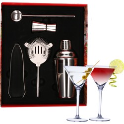 Cocktailshaker set RVS 5-delig inclusief 4x cocktail/martini glazen 220 ml - Cocktailshakers