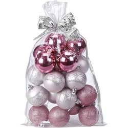 20x stuks kunststof kerstballen roze mix 6 cm in giftbag - Kerstbal