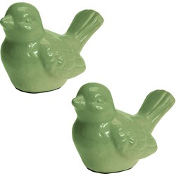 Set van 2x stuks decoratie dieren beeld vogel groen met staart omhoog 12 cm - Tuinbeelden