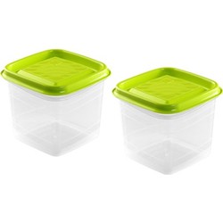 Hega Hogar Vershoudbakjes - set 2x stuks - 0.7 liter - transparant/lime groen - L11 x B11 x H12 cm - Vershoudbakjes