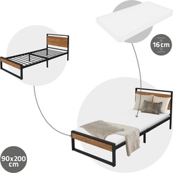 Metalen bed 90x200 cm zwart met lattenbodem en matras met houten hoofdbord en voeteneind ML design