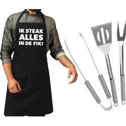 BBQ/barbecue gereedschap set 3-delig RVS met zwart schort Ik steak alles in de fik! - Barbecuegereedschapset