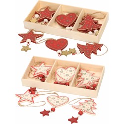 12x Houten kersthangers/kerstornamenten wit en rode figuurtjes 10 cm - Kersthangers