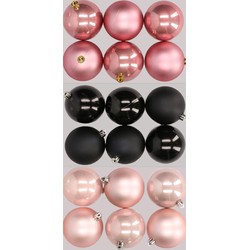 18x stuks kunststof kerstballen mix van lichtroze, zwart en oudroze 8 cm - Kerstbal