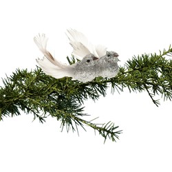 kerstboom vogels op clip 2x stuks - glitter zilver 10 cm - Kersthangers