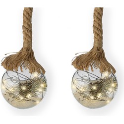 3x stuks verlichte glazen kerstballen aan touw met 30 lampjes zilver/warm wit 14 cm - kerstverlichting figuur