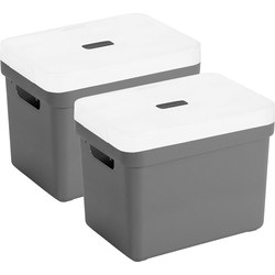 Set van 2x opbergboxen/opbergmanden antraciet van 18 liter kunststof met transparante deksel - Opbergbox