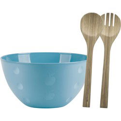 Serveerschaal/slakom met bamboe sla bestek - pastel blauw - 5 liter - kunststof - D26 x H14 cm - Serveerschalen