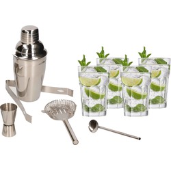 Cocktailshaker set RVS 5-delig inclusief 4x cocktailglazen 410 ml - Cocktailshakers