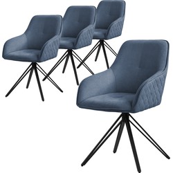 Draaibare eetkamerstoel set van 4 blauw textiel geweven stoffen keukenstoel met rugleuning en armleuningen ML design