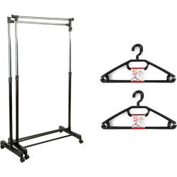 Kledingrek met kleding hangers - 2x enkele stang - kunststof - zwart - 162 x 42 x 168 cm - Kledingrekken