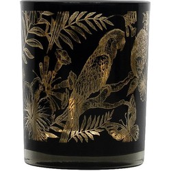 Theelichthouder/waxinelichthouder glas zwart 8 cm papegaai print - Waxinelichtjeshouders