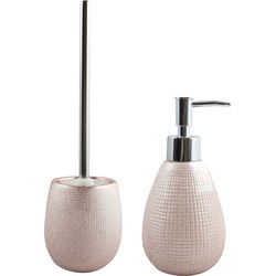 MSV Toiletborstel in houder 41 cm/zeeppompje badkamer set Shanghai - keramiek/RVS - rose goud - Badkameraccessoireset