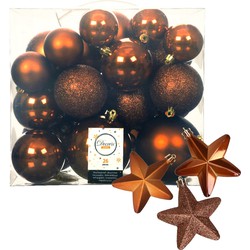 Pakket 32x stuks kunststof kerstballen en sterren ornamenten kaneel bruin - Kerstbal
