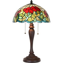 LumiLamp Tiffany Tafellamp  Ø 35x58 cm  Groen Rood Glas Kunststof Rond Tiffany Bureaulamp