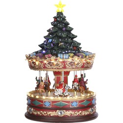 LuVille Kerstdorp Miniatuur Carrousel met Kerstboom - L22 x B22 x H35 cm