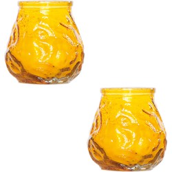 2x Gele tafelkaarsen in glazen houders 7 cm brandduur 17 uur - Waxinelichtjes