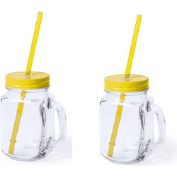 2x stuks drink potjes van glas Mason Jar gele deksel 500 ml - Drinkbekers