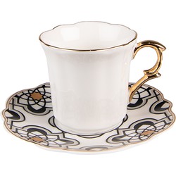 Clayre & Eef Kop en schotel  95 ml Wit Zwart Porselein Servies