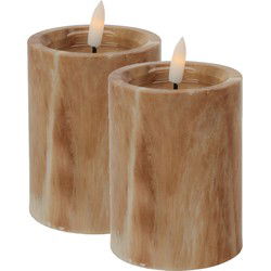 Excellent Houseware LED kaars - 2x - marmer bruin -D7,5 x H10 cm - LED kaarsen