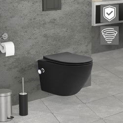 Wandcloset in mat zwart keramiek 49 cm lang randloos met bidet, nano-dichting & soft-close Luxebath