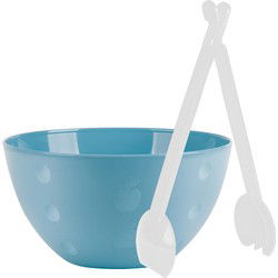 Serveerschaal/slakom - pastel blauw - kunststof - 26 cm - met sla bestek/couvert - Serveerschalen