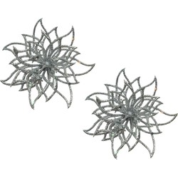 Decoris Kerstboom bloemen op clip - 2x st - zilver glitter - 14 cm - Kersthangers