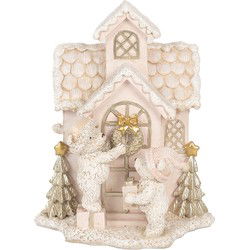Clayre & Eef Decoratie Huis met LED  15x10x18 cm Roze Kunststof Beer