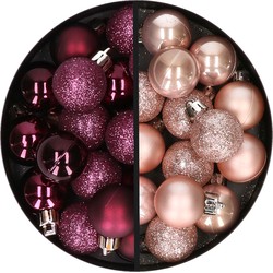 34x stuks kunststof kerstballen aubergine paars en lichtroze 3 cm - Kerstbal