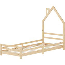 Kinderbed huis 90x200 cm natuurlijk huis bed voor kinderen houten bed met lattenbodem schoorsteen ontwerp ML-Design