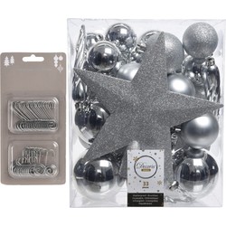 33x stuks kunststof kerstballen zilver 5, 6 en 8 cm inclusief ster piek en kerstbalhaakjes - Kerstbal