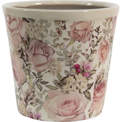 Clayre & Eef Bloempot  Ø 12x11 cm Wit Roze Keramiek Rond Bloemen Bloempot binnen