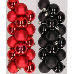 32x stuks kunststof kerstballen mix van rood en zwart 4 cm - Kerstbal