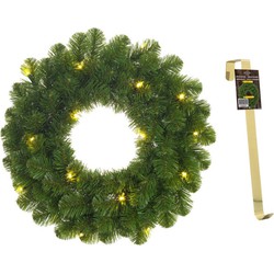 Groene verlichte kerstkransen/deurkransen met 30 LEDS 60 cm en met gouden hanger - Kerstkransen