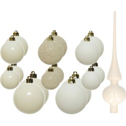 Set van 26x stuks kunststof kerstballen en glazen piek wol wit - Kerstbal