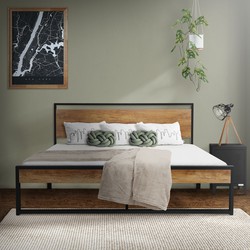 Metalen bed Bedframe met lattenbodem 160x200 cm zwart/bruin met houten hoofdbord & voeteneind ML design