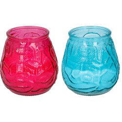 Arti Casa 4x stuks citronella Lowboy tafelkaarsen - 10 cm - blauw en rood glas - geurkaarsen