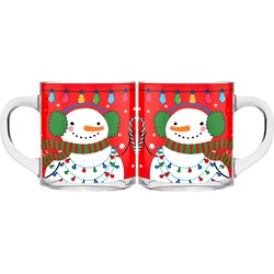 Kerst mokken/bekers - 2 stuks - glas - 300 ml - sneeuwpop - 11 cm - Bekers