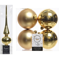 Gouden kerstversiering/kerstdecoratie set piek en 4x kerstballen 10 cm glans/mat - Kerstbal