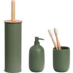 Badkamer accessoires set 3-delig - kunststeen - bamboe hout salie groen - Badkameraccessoireset