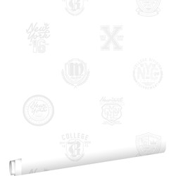 ESTAhome behang school emblemen zilver op wit - 53 cm x 10,05 m - 128805