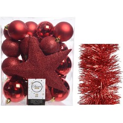 Kerstversiering kerstballen 5-6-8 cm met ster piek en folieslingers pakket rood van 35x stuks - Kerstbal