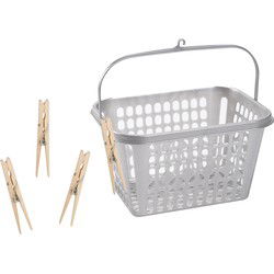 Wasknijper mandje/bakje - zilver - inclusief 48x wasknijpers - hout - knijperszakken