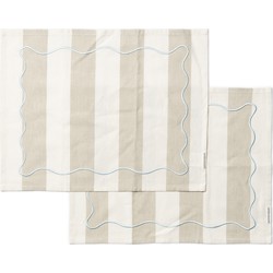 Riviera Maison Textielen Placemats Beige verticale strepen patroon - Capri tafeltextiel met organisch blauw borduursel