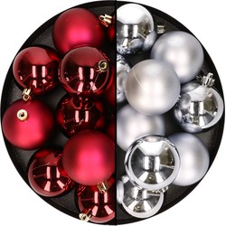 24x stuks kunststof kerstballen mix van donkerrood en zilver 6 cm - Kerstbal