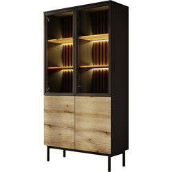 Meubella - Vitrinekast Ludwig - Zwart - Eiken - 100 cm - Hoog