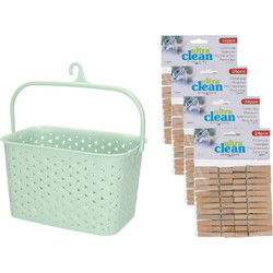 Wasknijpersmandje met ophanghaak - mintgroen - en 96x houten wasknijpers 7 cm - knijperszakken