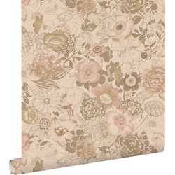 ESTAhome behang vintage bloemen lichtbruin en oudroze - 50 x 900 cm - 139764