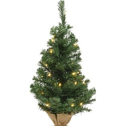 Everlands Mini kerstboom - groen - 45 cm - in jute zak - verlichting - Kunstkerstboom