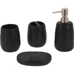 Badkamer set - 4-delig - kunststeen - zwart - zeeppompje/beker/zeephouder - Badkameraccessoireset
